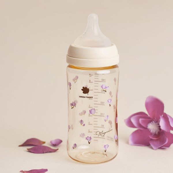 Bình sữa Green Finger BebeGrow 280ml nhựa PPSU  Họa tiết hoa tím - Kèm Núm Size M