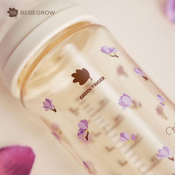 Bình sữa Green Finger BebeGrow 280ml nhựa PPSU  Họa tiết hoa tím - Kèm Núm Size M