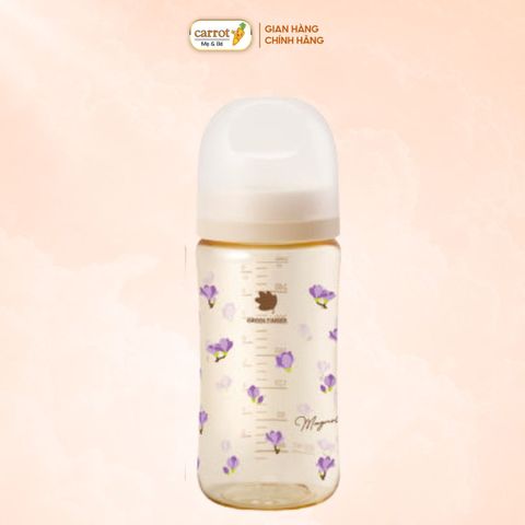 Bình sữa Green Finger BebeGrow 280ml nhựa PPSU  Họa tiết hoa tím - Kèm Núm Size M