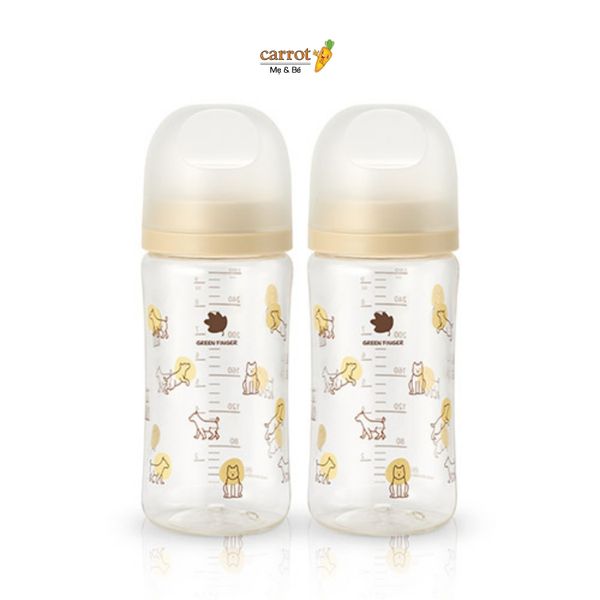 Bình Sữa Bebe Grow Green Finger 280ml Họa Tiết Cún Nhựa PA - Kèm Núm Size M
