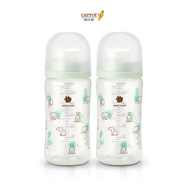 Bình Sữa Bebe Grow Green Finger 280ml Họa Tiết Gấu Nhựa PA - Kèm Núm Size M