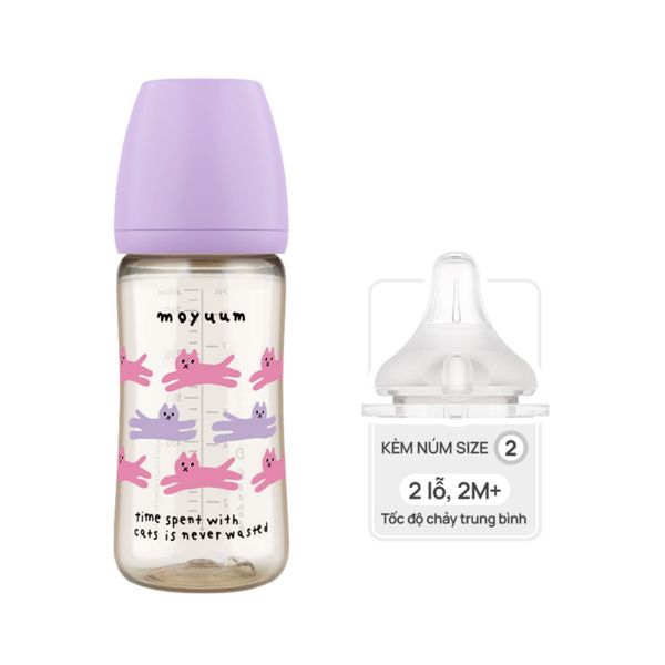 Bình Sữa Moyuum PPSU 270ml - Mèo Tím - Kèm Núm Số 2
