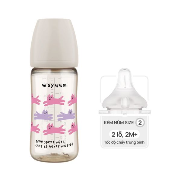 Bình Sữa Moyuum PPSU 270ml - Mèo Xám - Kèm Núm Số 2