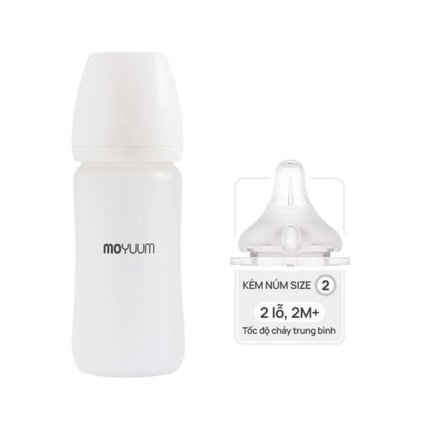 Bình Sữa Moyuum Thủy Tinh 240ml - Trơn - Kèm Núm Số 2