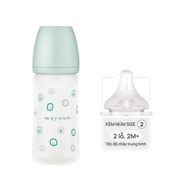 Bình Sữa Moyuum Thủy Tinh 240ml - Happy More - Kèm Núm Số 2