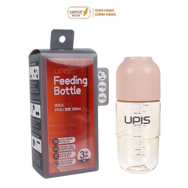 Bình Sữa UPIS PPSU Núm Size M Màu Hồng 260ml Cho Bé Từ 3M+