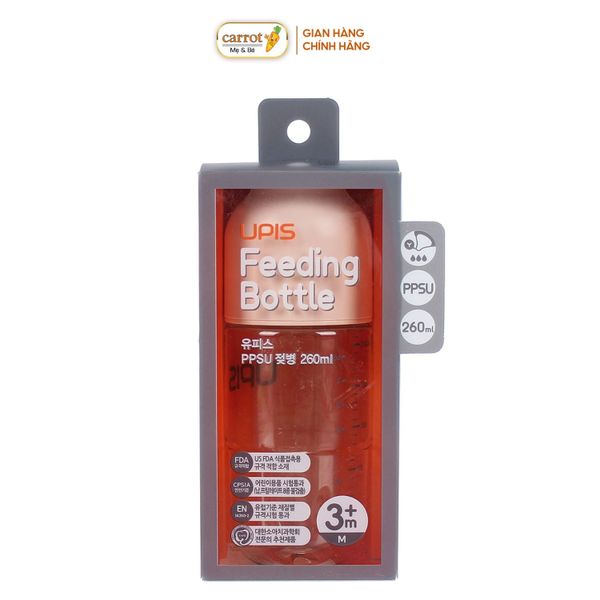 Bình Sữa UPIS PPSU Núm Size M Màu Hồng 260ml Cho Bé Từ 3M+