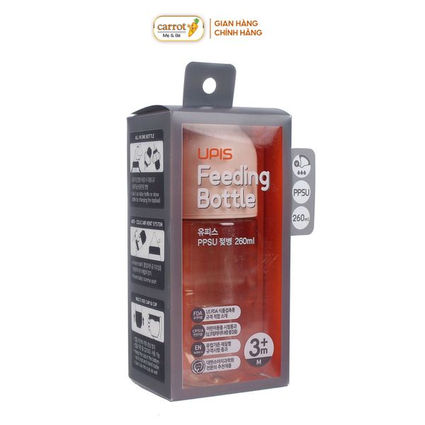 Bình Sữa UPIS PPSU Núm Size M Màu Hồng 260ml Cho Bé Từ 3M+