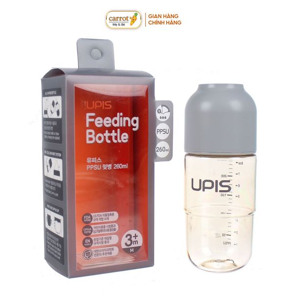 Bình Sữa UPIS PPSU Núm Size M Màu Xám 260ml Cho Bé Từ 3M+