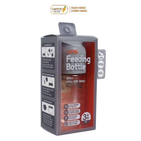 Bình Sữa UPIS PPSU Núm Size M Màu Xám 260ml Cho Bé Từ 3M+