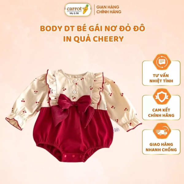 Body Dài Tay Bé Gái Nơ Đỏ Đô In Quả Cheery Cho Bé