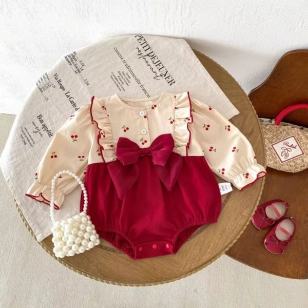 Body Dài Tay Bé Gái Nơ Đỏ Đô In Quả Cheery Cho Bé
