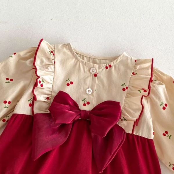 Body Dài Tay Bé Gái Nơ Đỏ Đô In Quả Cheery Cho Bé