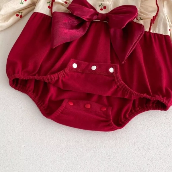 Body Dài Tay Bé Gái Nơ Đỏ Đô In Quả Cheery Cho Bé