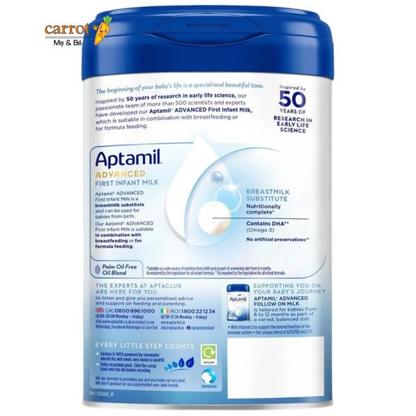 Sữa Aptamil Advanced số 1 của Anh 800g cho trẻ từ 0 - 6 tháng