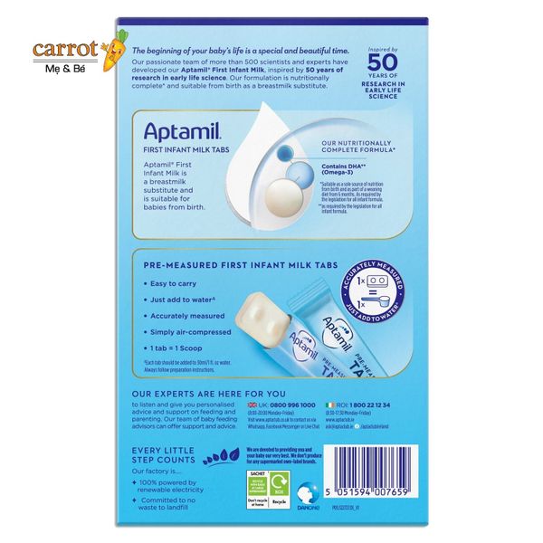 Sữa Thanh Aptamil Pre Measured Tabs số 1 24 thanh cho bé 0-6 tháng