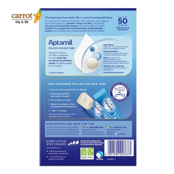 Sữa Thanh Aptamil Pre Measured Tabs số 2 24 thanh cho bé 6-12 tháng