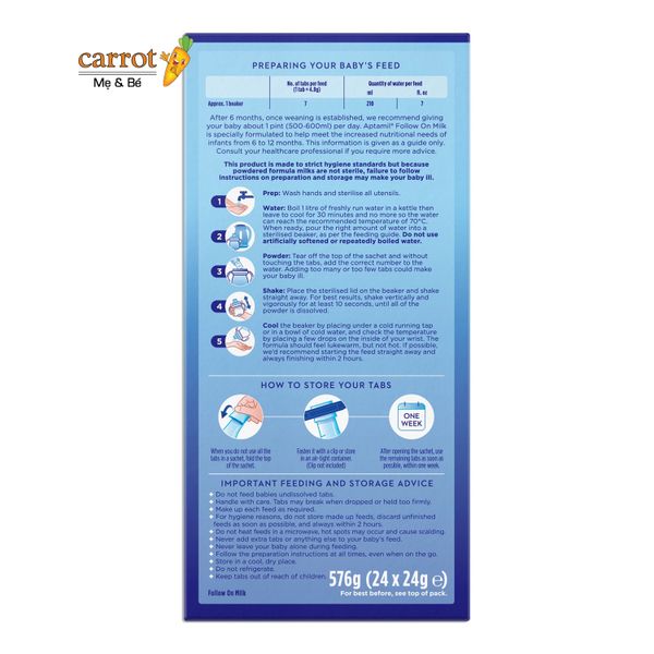 Sữa Thanh Aptamil Pre Measured Tabs số 2 24 thanh cho bé 6-12 tháng