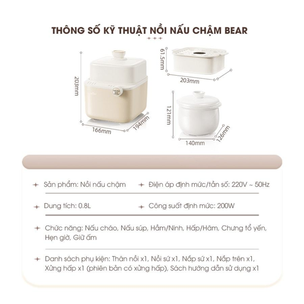 Nồi nấu cháo chậm Bear 0.8L NNC08