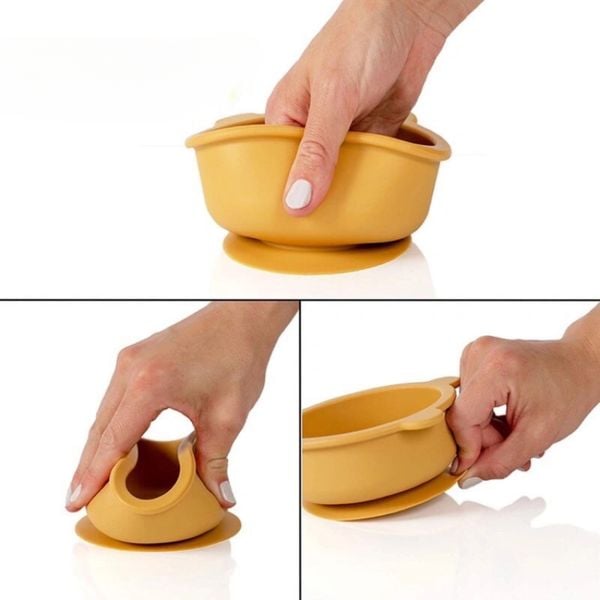 Chén Ăn Dặm Silicon Kèm Muỗng Hình Gấu Có Đế Hít Chống Đổ Cho Bé