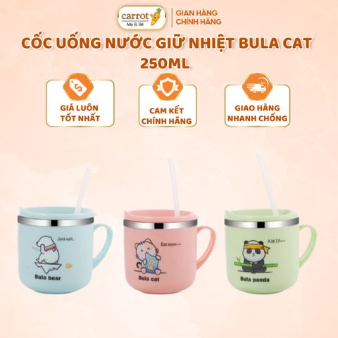 Cốc Uống Nước Giữ Nhiệt Bula Cat 250ML Có Nắp Đậy Chống Đổ Nước Cho Bé