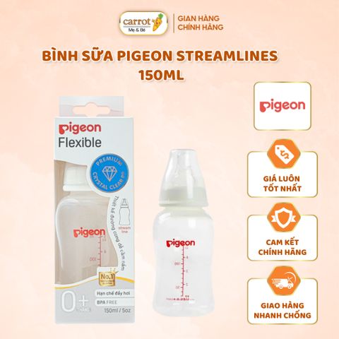 Bình Sữa Pigeon Streamlines 150ML, Nhựa PP BPA Free Cổ Hẹp