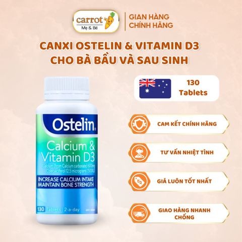 Canxi Bầu Ostelin & Vitamin D3 Cho Bà Bầu Sau Sinh 130 Viên, Calcium & Vitamin D3 Xuất Xứ Úc