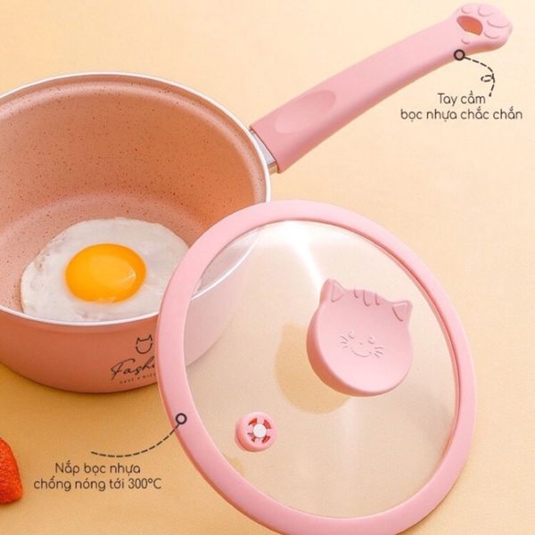 Bộ Nồi Xửng Hình Mèo Fashion, Bộ Nồi Chảo Đá Nấu Ăn Dặm Cho Bé