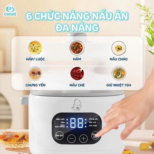 Nồi Nấu Chậm ChiBe Dung Tích 1 Lít CB042, Nấu Cháo, Hấp Luộc Đa Chức Năng Kèm Khay Hấp Tiện Lợi