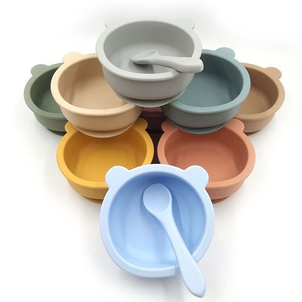 Chén Ăn Dặm Silicon Kèm Muỗng Hình Gấu Có Đế Hít Chống Đổ Cho Bé