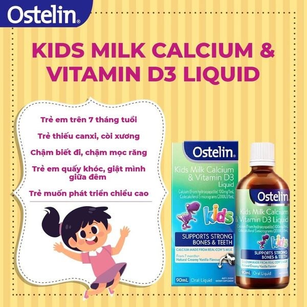 Canxi Và Vitamin D3 200IU Dạng Sữa Nước Ostelin Kids Milk Calcium & Vitamin D3 Liquid 90ml Của Úc Cho Bé 7M+