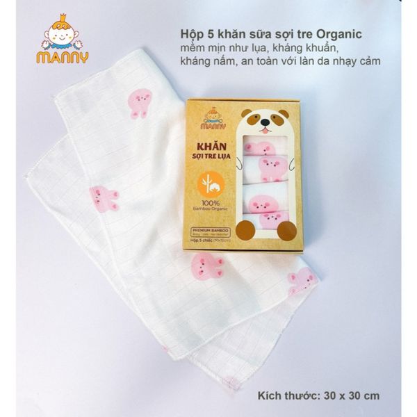 Set 5 Khăn Sữa Sợi Tre Cho Bé Manny 100% Bamboo Organic 30x30cm, Mềm Mịn, Thấm Hút Tốt