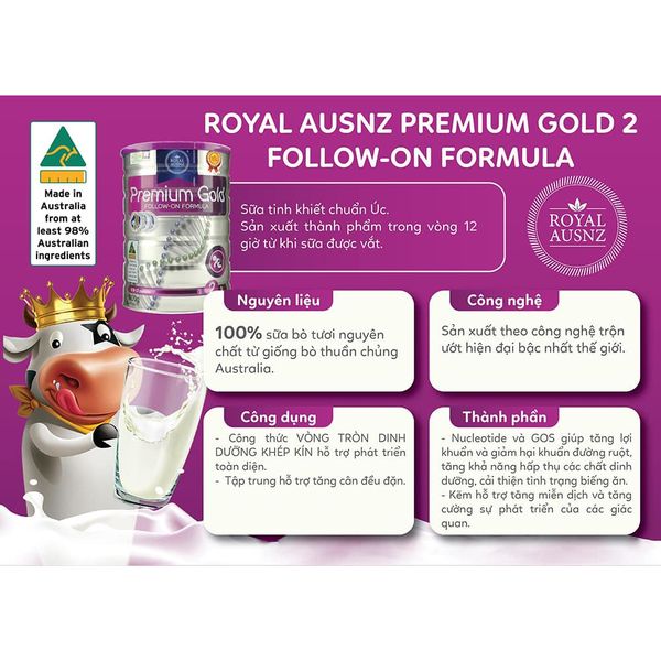 Sữa Bột Hoàng Gia Úc Premium Gold Số 2 Bổ Sung Vitamin, Khoáng Chất Cho Trẻ Royal AUSNZ 900g