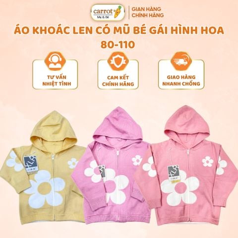Áo Khoác Len Có Mũ Bé Gái Hình Hoa, Áo Khoác Thu Đông Cho Bé