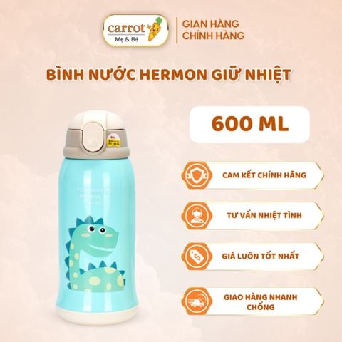 Bình Nước Hermon Giữ Nhiệt 600ml, 2 Nắp Có Ống Hút Cho Bé Đi Học, Nhà Trẻ, Mầm Non Và Đi Chơi
