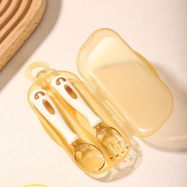 Sét Thìa Nĩa Màu Vàng Uốn Cong 360 Độ Kèm Hộp Đựng Cho Bé