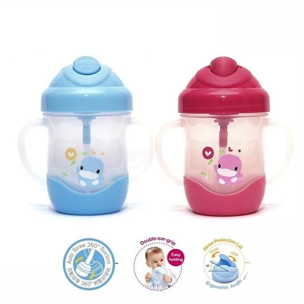 Bình Uống Nước Có Ống Hút Tay Cầm KUKU 200ML Màu Hồng