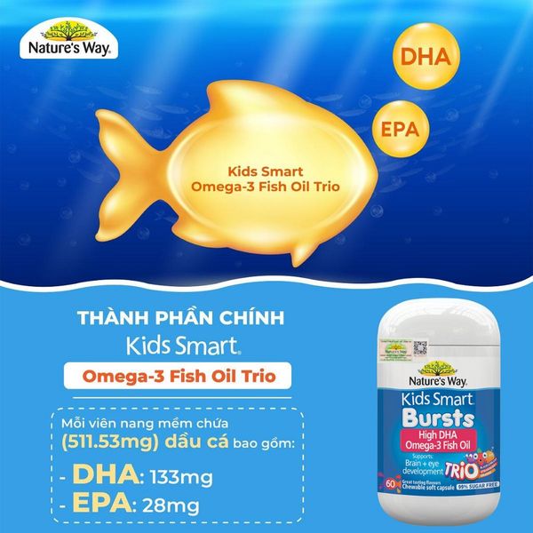 Viên Nhai Dầu Cá Nature's Way Omega-3 Fish Oil Trio, Bổ Sung DHA, Phát Triển Trí Tuệ Cho Bé 180 Viên