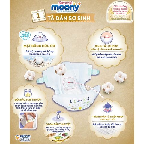 Tã - Bỉm dán Moony Natural size Newborn 62 miếng (~5000g)