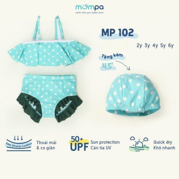 Bộ Đồ Bơi Bé Gái Mompa Xanh Chấm Bi Trắng