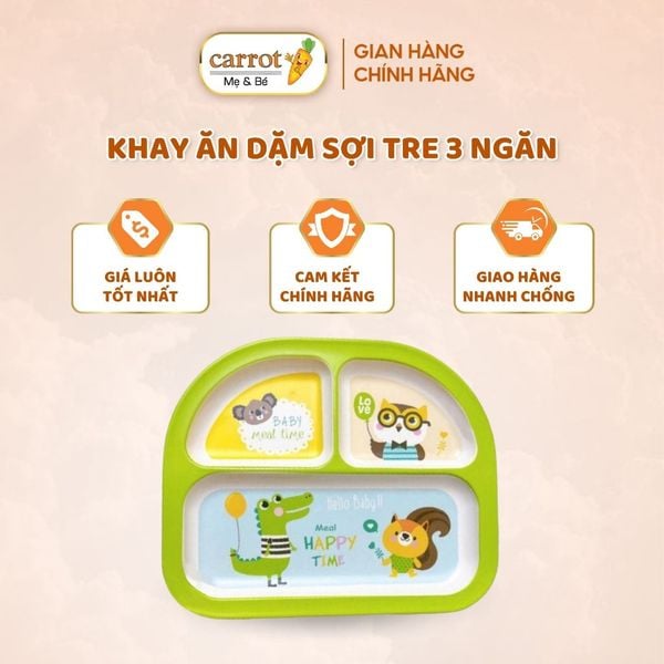 Khay Ăn Dặm Sợi Tre 3 Ngăn, Chất Liệu Cao Cấp, An Toàn Cho Bé