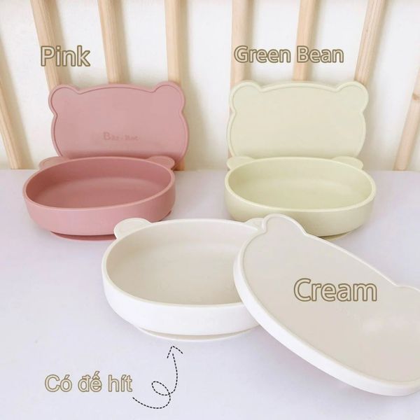 Đĩa Gấu Silicon Kèm Nắp Đậy Bar- Rot Có Đế Hít, Đĩa Cho Bé Tập Ăn Dặm