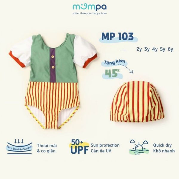 Bộ Đồ Bơi Bé Gái Mompa Kèm Mũ, Đồ Bơi Cho Bé Biển