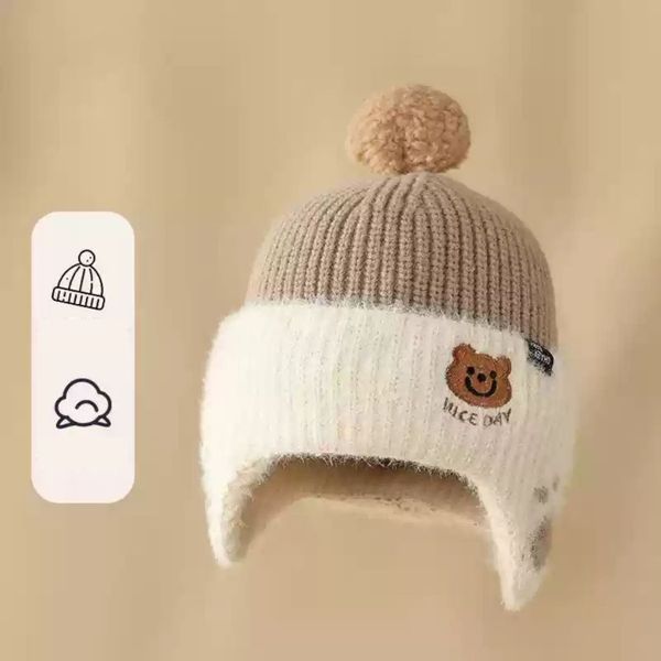 Mũ Len Bịt Tai Mùa Đông Cho Bé Có Hình Gấu Thêu Dễ Thương, Mũ Len Cho Bé Trai Bé Gái