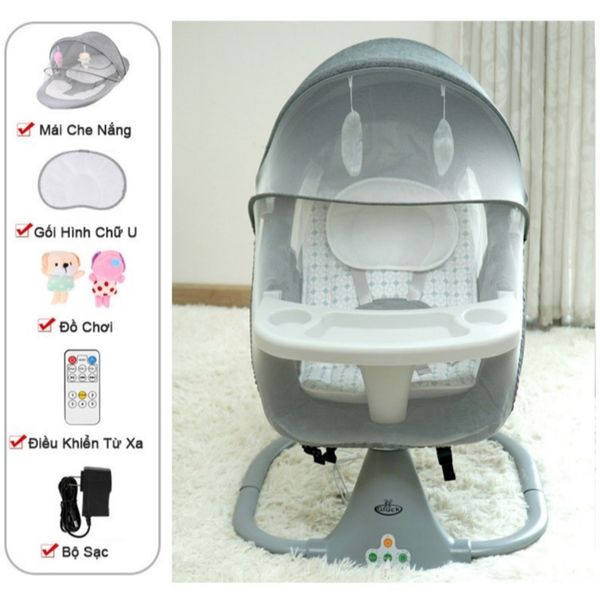 Nôi Điện Tự Động Kiêm Ghế Ăn Dặm Gluck Baby SG001, Nôi Điện Ru Bé Ngủ Có Mùng Chống Muỗi