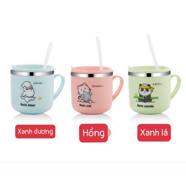 Cốc Uống Nước Giữ Nhiệt Bula Cat 250ML Có Nắp Đậy Chống Đổ Nước Cho Bé