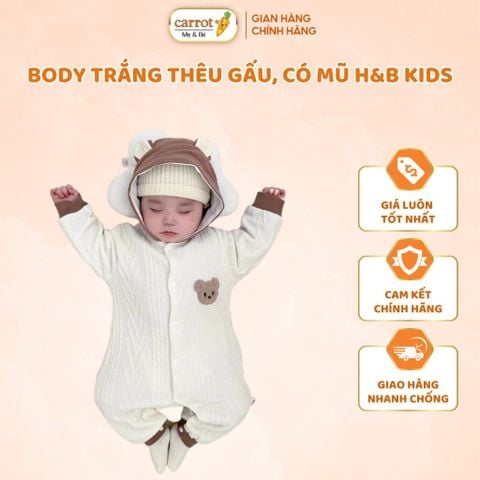 Body Len Mũ Liền H&B Kids Thêu Hình Gấu Cho Bé Trai Bé Gái