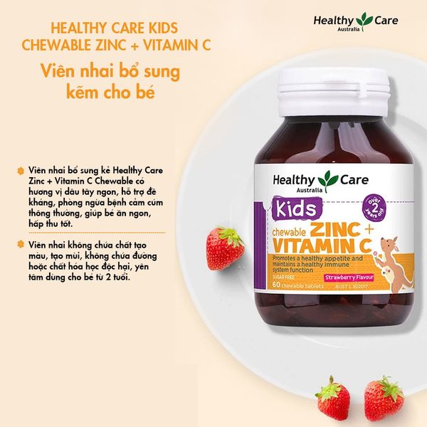 Viên Nhai Bổ Sung Kẽm Vị Dâu Zinc & Vitamin C Healthy Care  60 Vên, Tăng Đề Kháng Phát Triển Toàn Diện