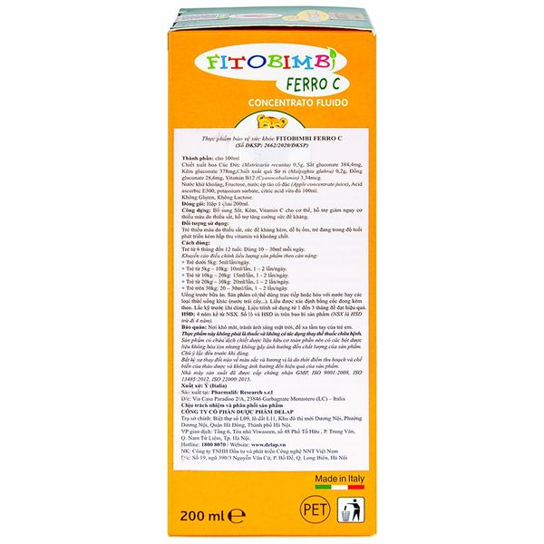 Siro bổ sung sắt,kẽm FERRO C FITOBIMBI Chai 200ml - Siêu Thị Mẹ Và Bé Carrot