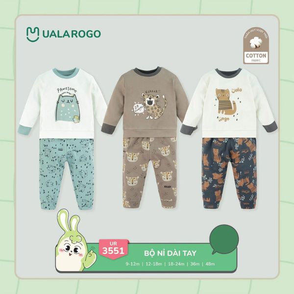 Bộ Dài Tay Nỉ Ualarogo UR3551, Bộ Nỉ Hoạ Tiết Dễ Thương Cho Bé